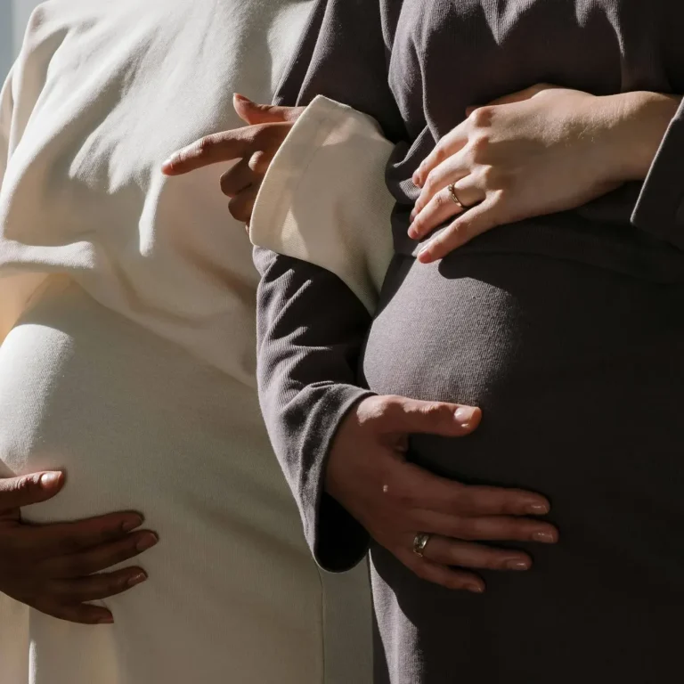 Two pregnancy people holding their bellies
