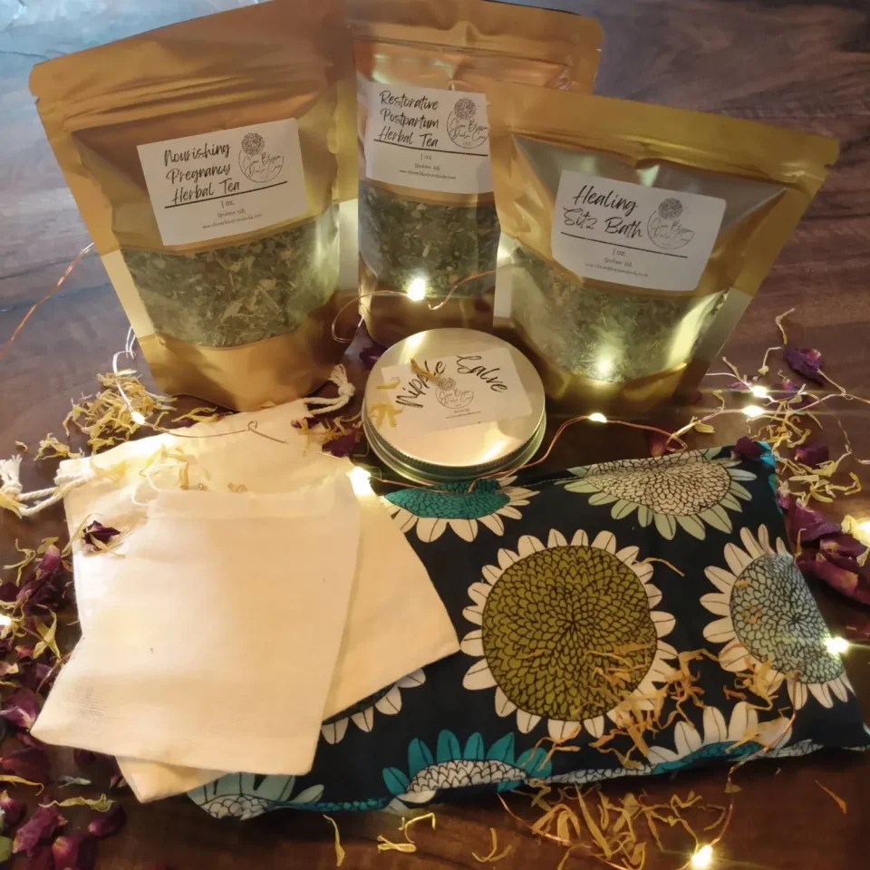 pregnancy tea, postpartum tea, herbal sitz bath, nipple salve